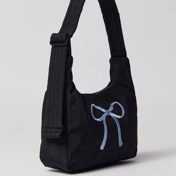 NWT Baggu Mini Nylon Shoulder Bag - Black Embroidered Bow - Picture 6 of 7